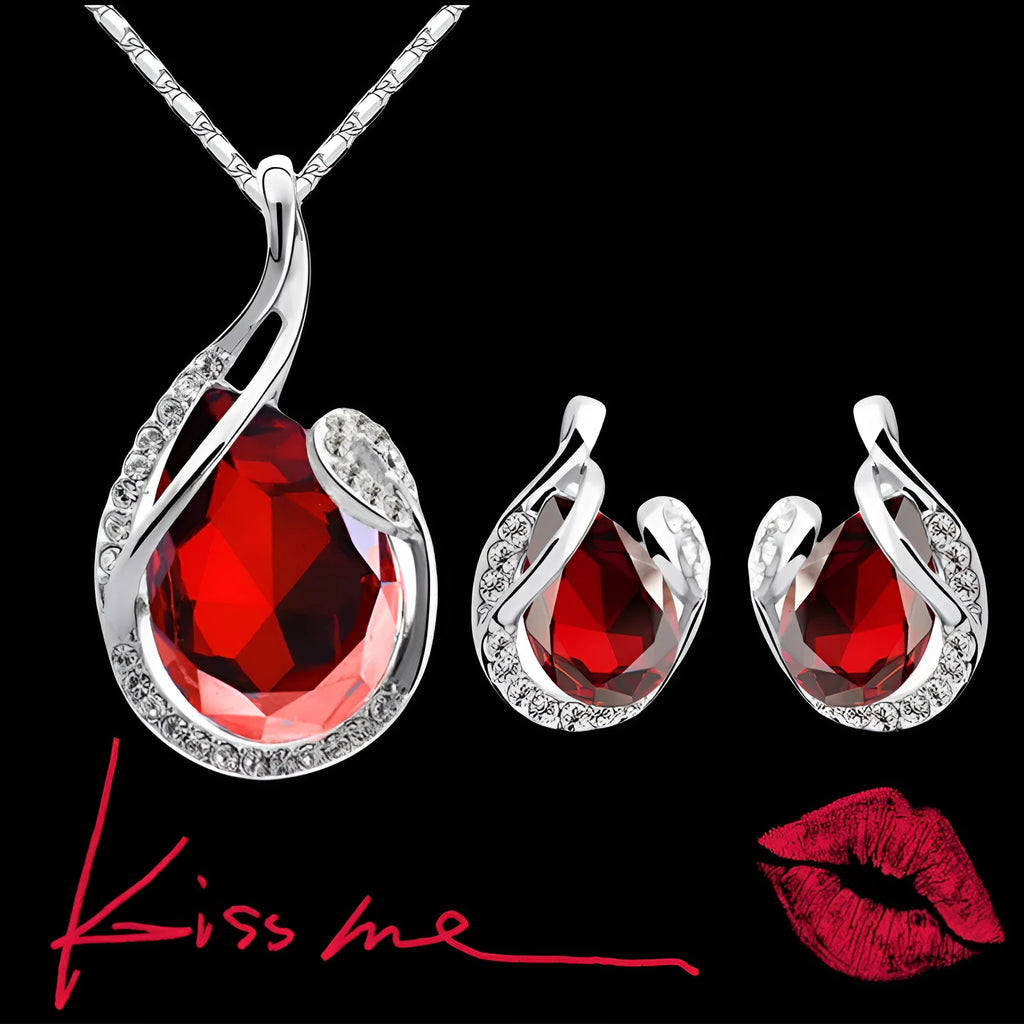 3pcs rhinestone necklace set with earrings, water-drop-shaped alloy electroplated jewellery, blue colour, 21-50cm adjustable chain