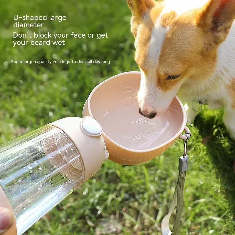 Portable dog water bottle and food container with integrated drinking bowl for pet travel
