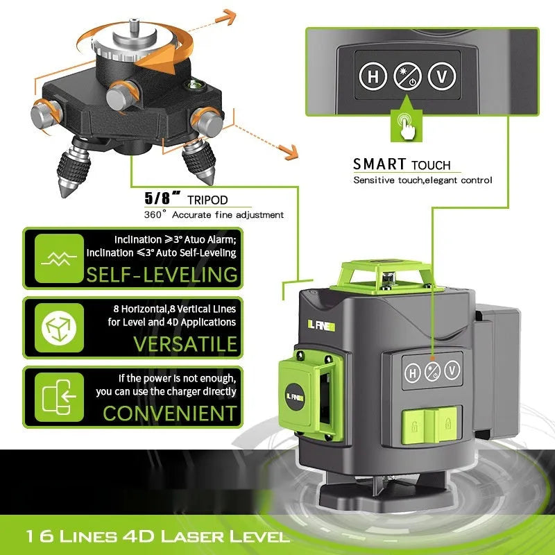 Green laser level showing 16 projection lines with 360-degree coverage for construction alignment tasks