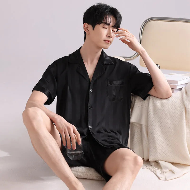 Men's lightweight ice silk pajama set in cardigan style with shorts and satin jacquard patterns