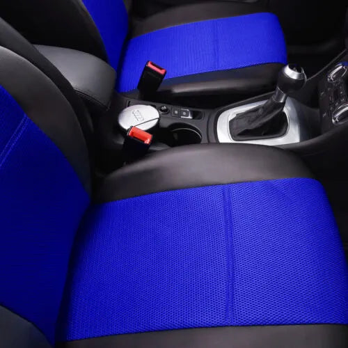 Artificial leather car seat cover set shown in vehicle with colour options and different set configurations