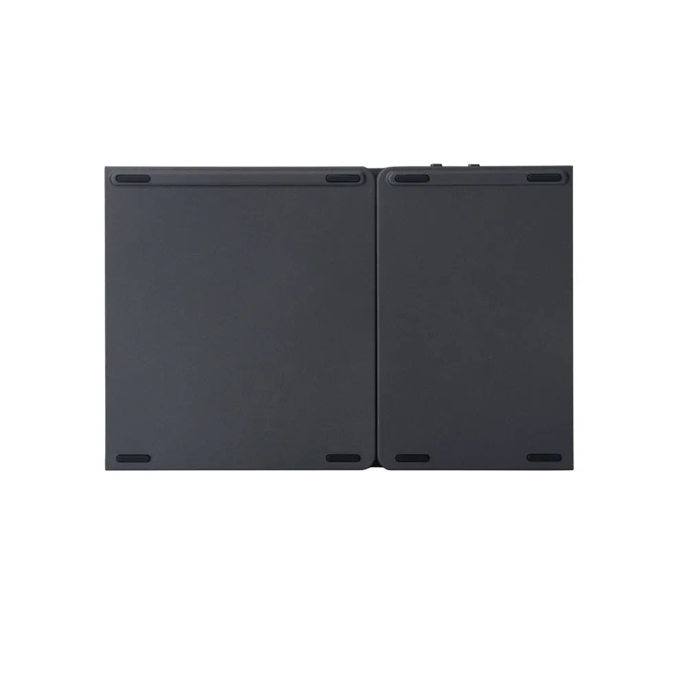 Black tri-fold Bluetooth keyboard unfolded showing keyboard keys and touchpad