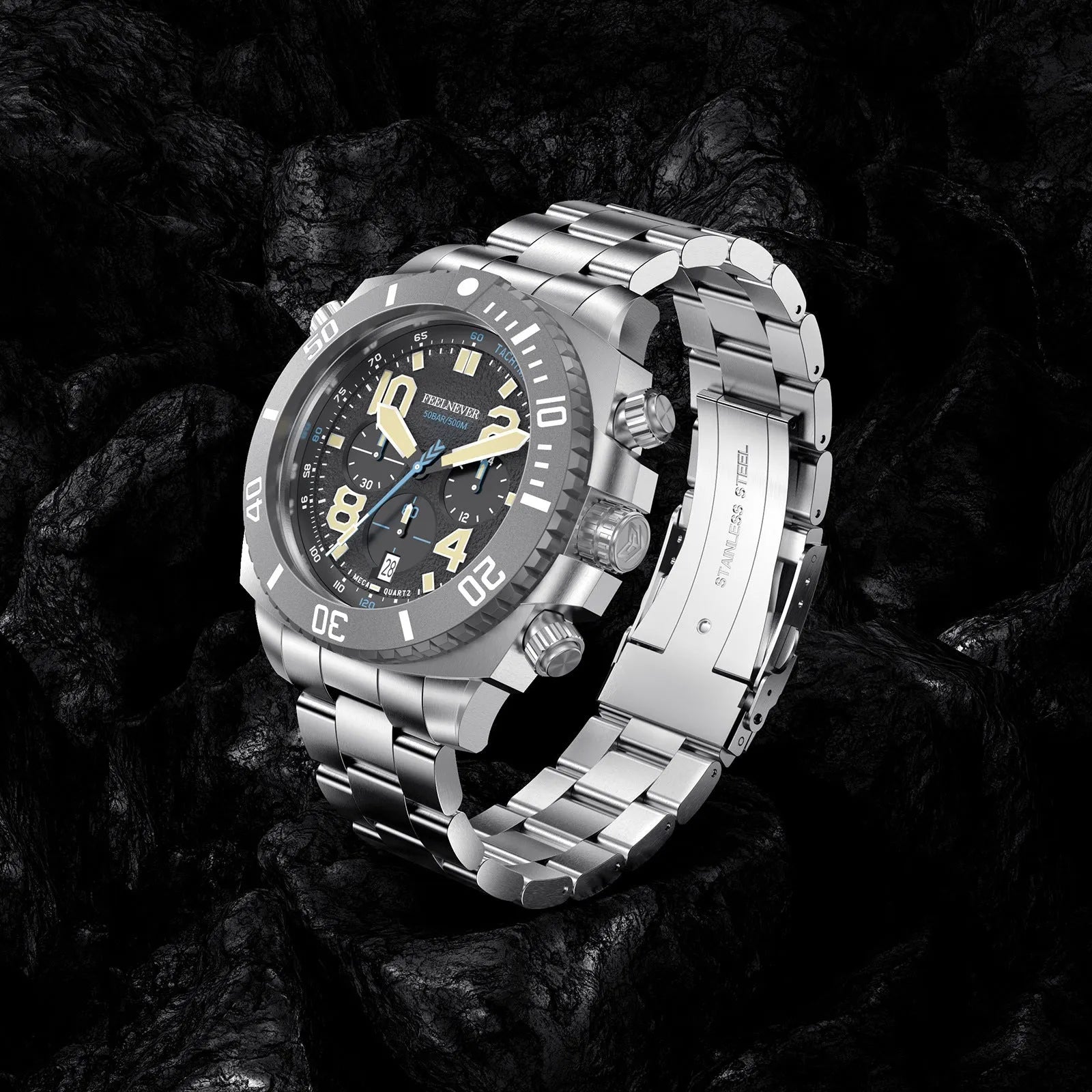 Business men's mechanical watch with luminous dial and steel belt in silver blue colour