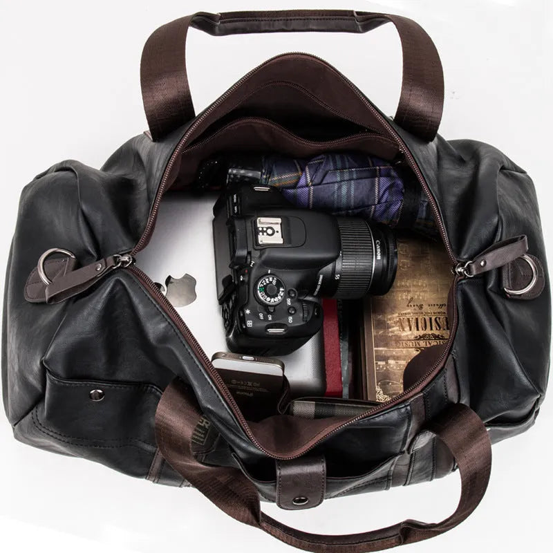 Portable cylinder leisure travel bag medium 36-55L PU leather blue black brown zipper closure soft handle