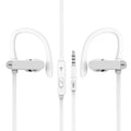 Black and blue sport earphones with over-ear hooks and silicone earbuds, showing the in-line microphone.