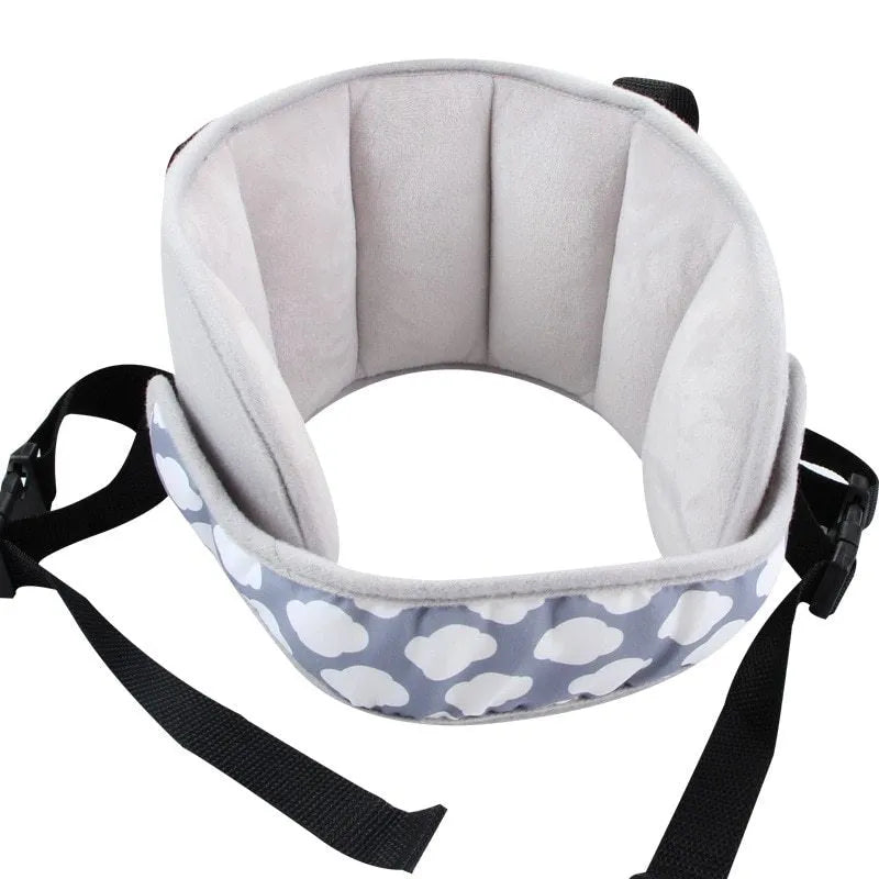 Child car seat head support in blue with hook and loop neck strap and rear waistband