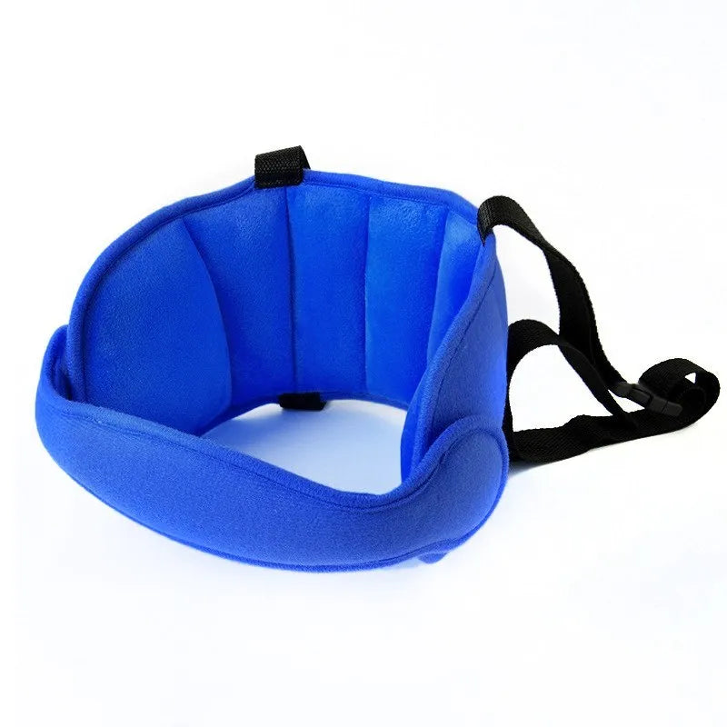 Child car seat head support in blue with hook and loop neck strap and rear waistband