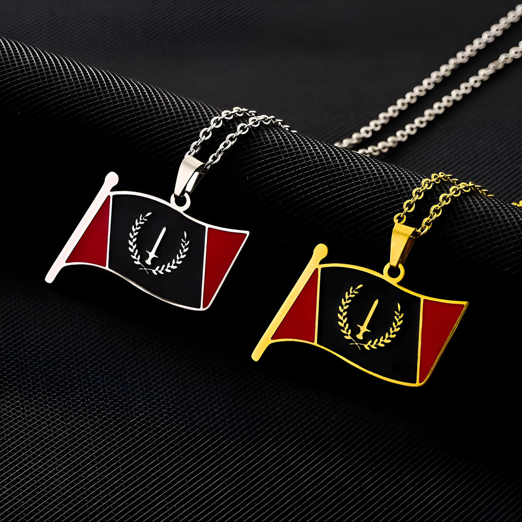 Gold geometric oil-drip pendant necklace with O-ring stainless steel chain on neutral background