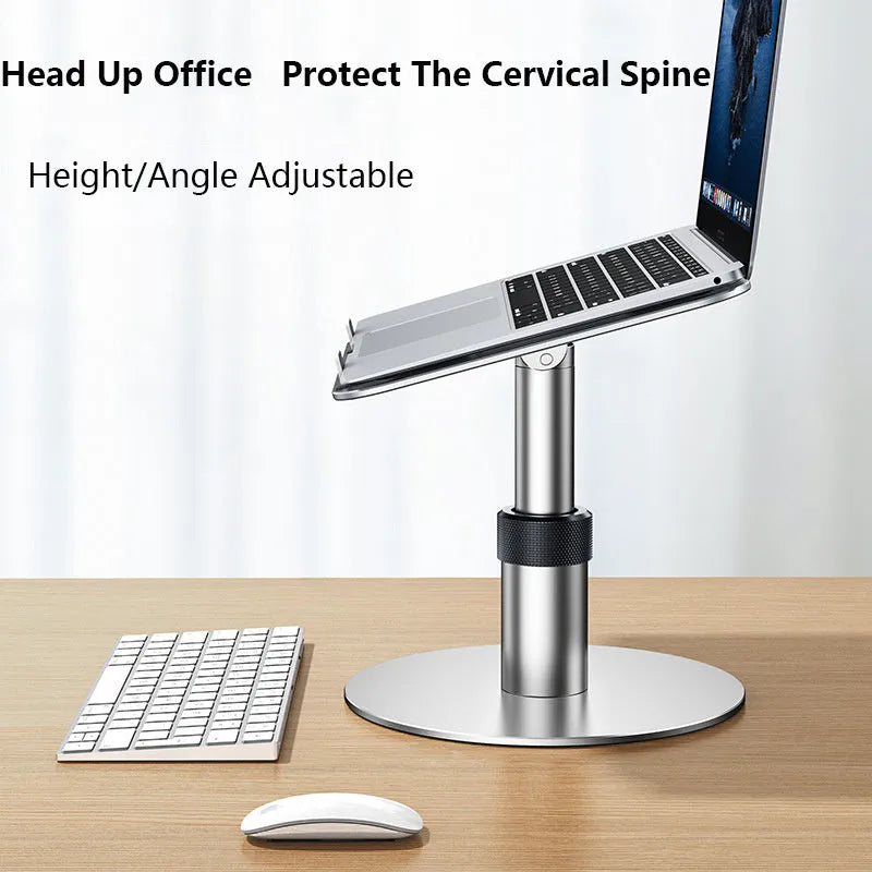 Silver adjustable aluminium laptop stand shown at various heights with rotating base.