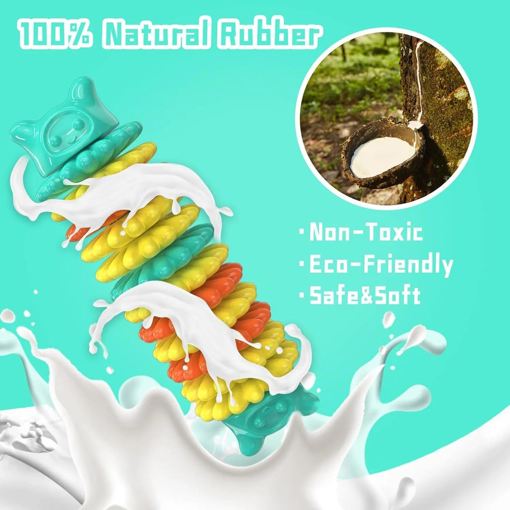 Blue natural rubber caterpillar-shaped chew toy for dogs on a wooden floor.