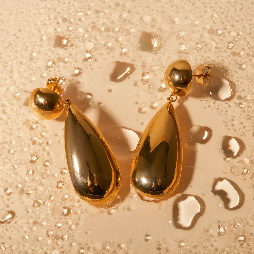 Gold stainless steel hemisphere water drop pendant earrings geometric design