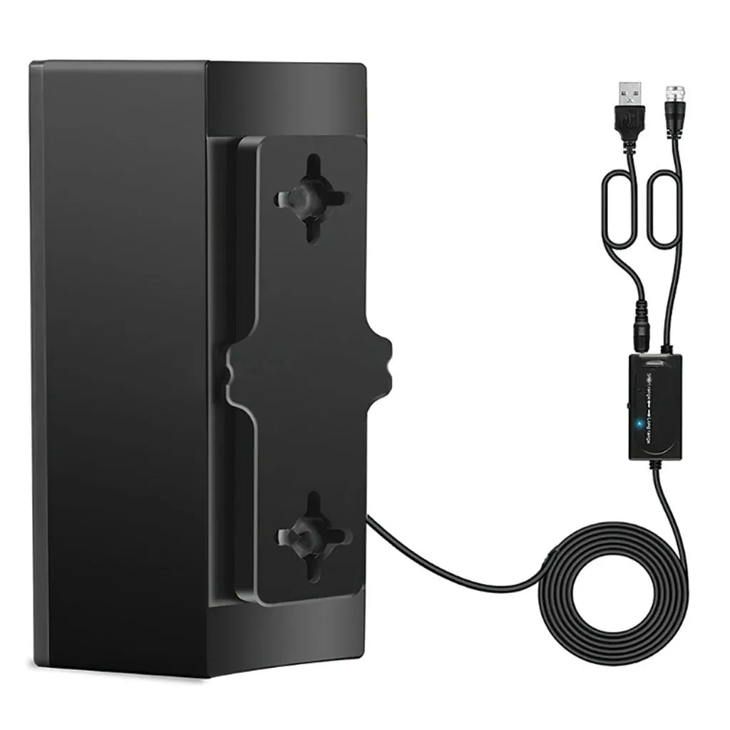 Black plastic digital television antenna with mounting hardware including expansion tubes and cable ties