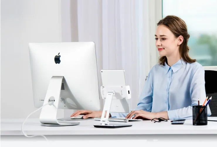 Aluminium foldable desktop phone and tablet stand with 360-degree rotation mechanism
