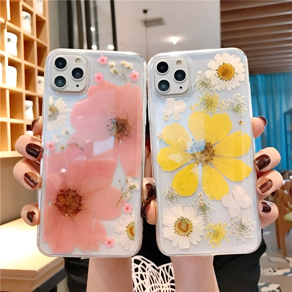 Pink and yellow floral print TPU back cover case for iPhone on a white background.