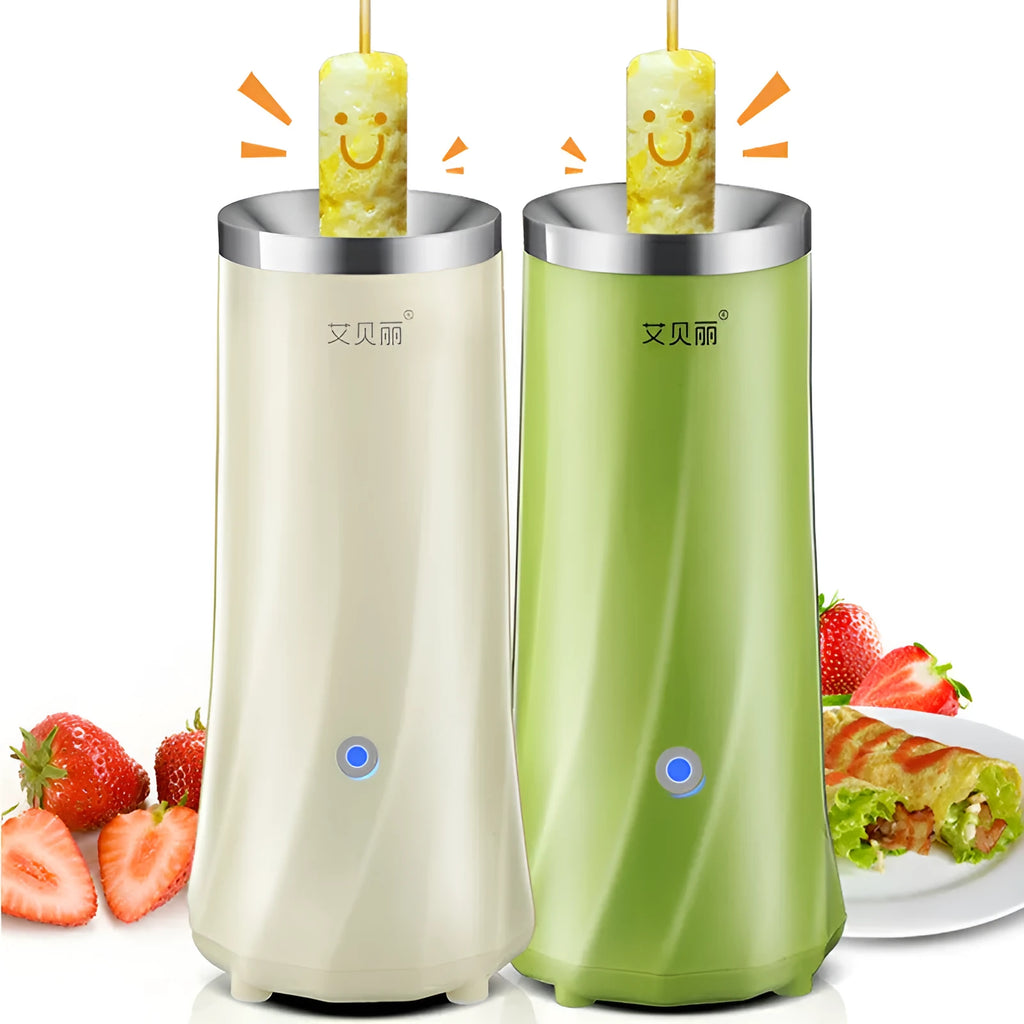 Beige white and green coloured multifunctional mini breakfast machine on a kitchen countertop.