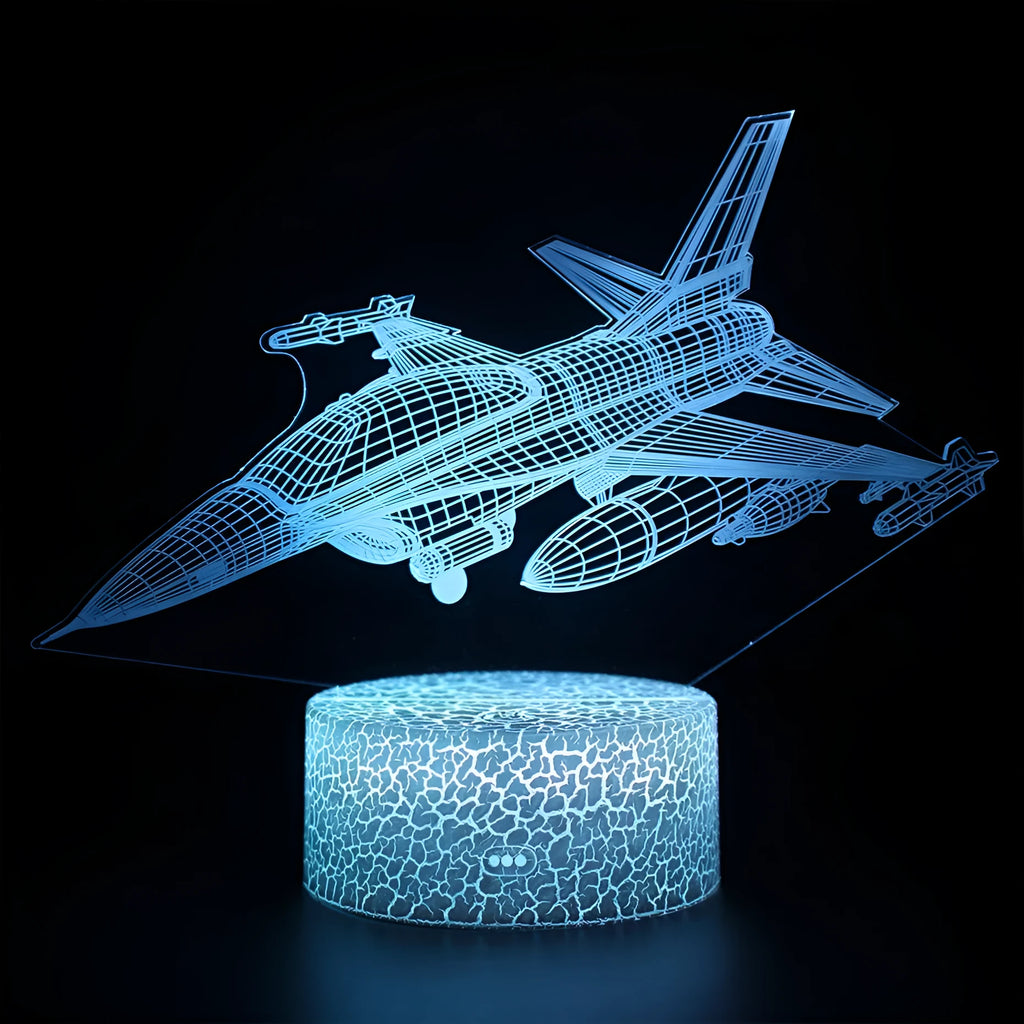 White cartoon airplane-shaped night light with acrylic shade and touch-sensitive base.