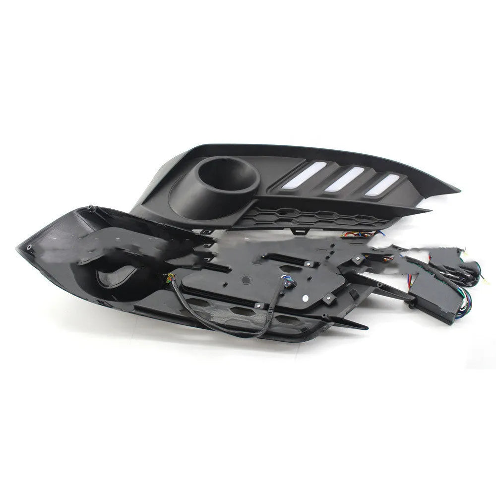 Mustang Civic LED daytime running lights with black housing emitting white blue yellow light