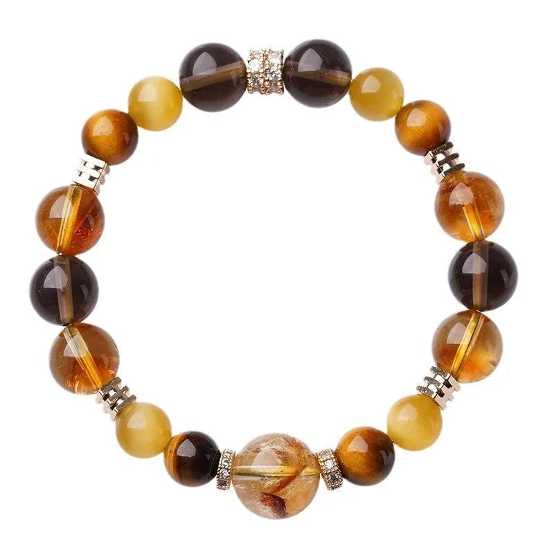 Natural yellow crystal tiger-eye geometric bracelet in 10mm and 12mm unisex sizes
