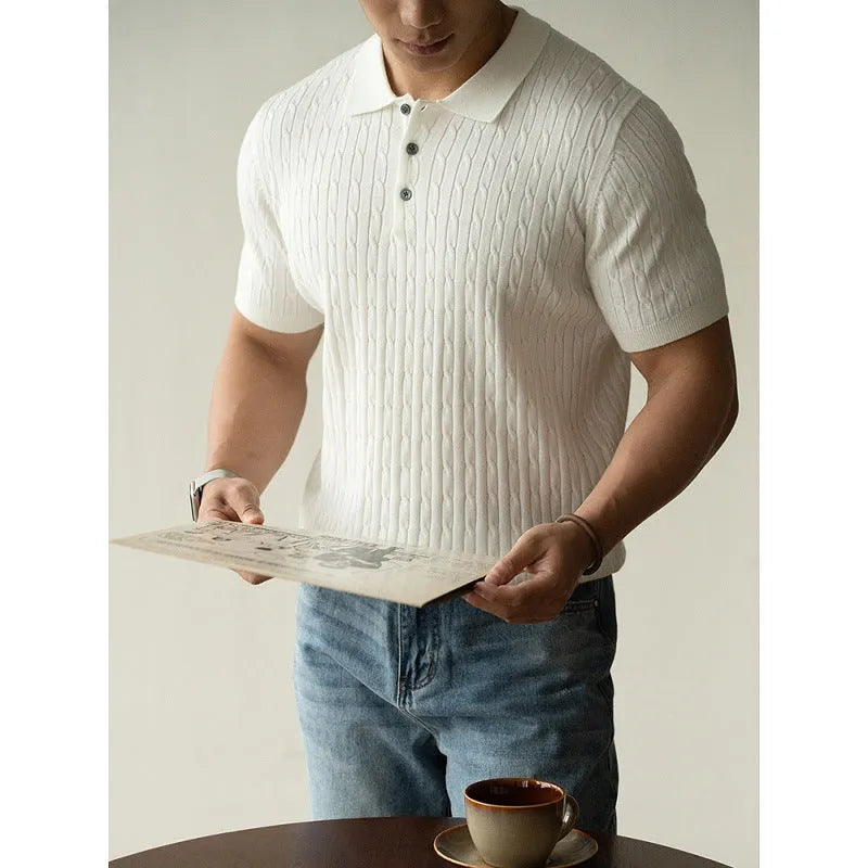 Men's khaki short sleeve business top showing Asian fit sizing for M L XL 2XL