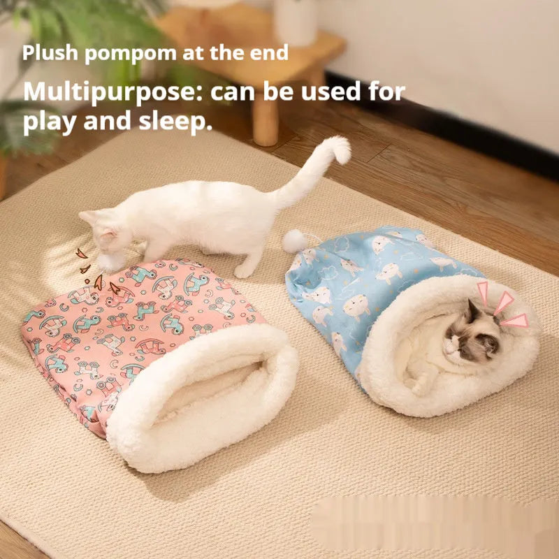 Cat sleeping bag nest measuring 50x40 cm in blue rabbit design with enclosed sides