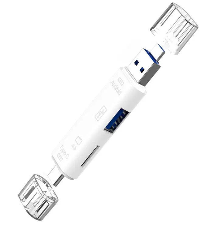 USB OTG hub adapter with Type-C, Micro USB ports and TF card reader in black
