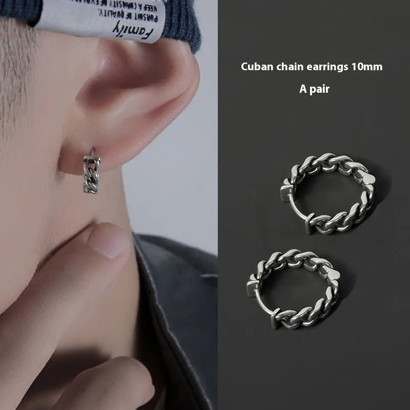 Men's geometric copper hip hop earrings in silver and cloud styles, showing 10mm and 14mm sizes.