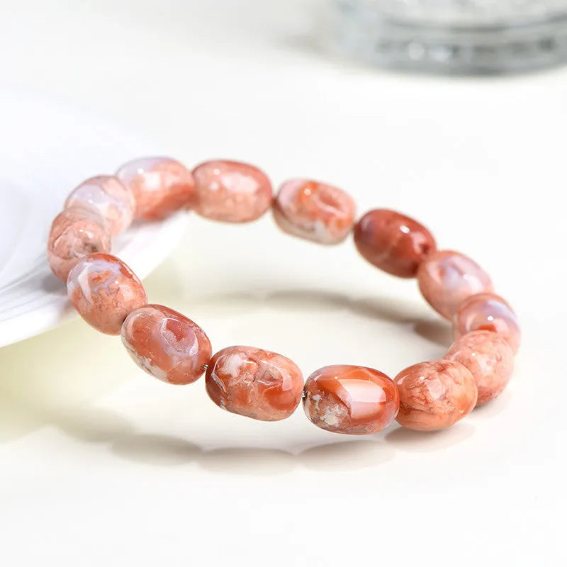 Natural cherry agate barrel bead bracelet with Ruyi pattern geometric design