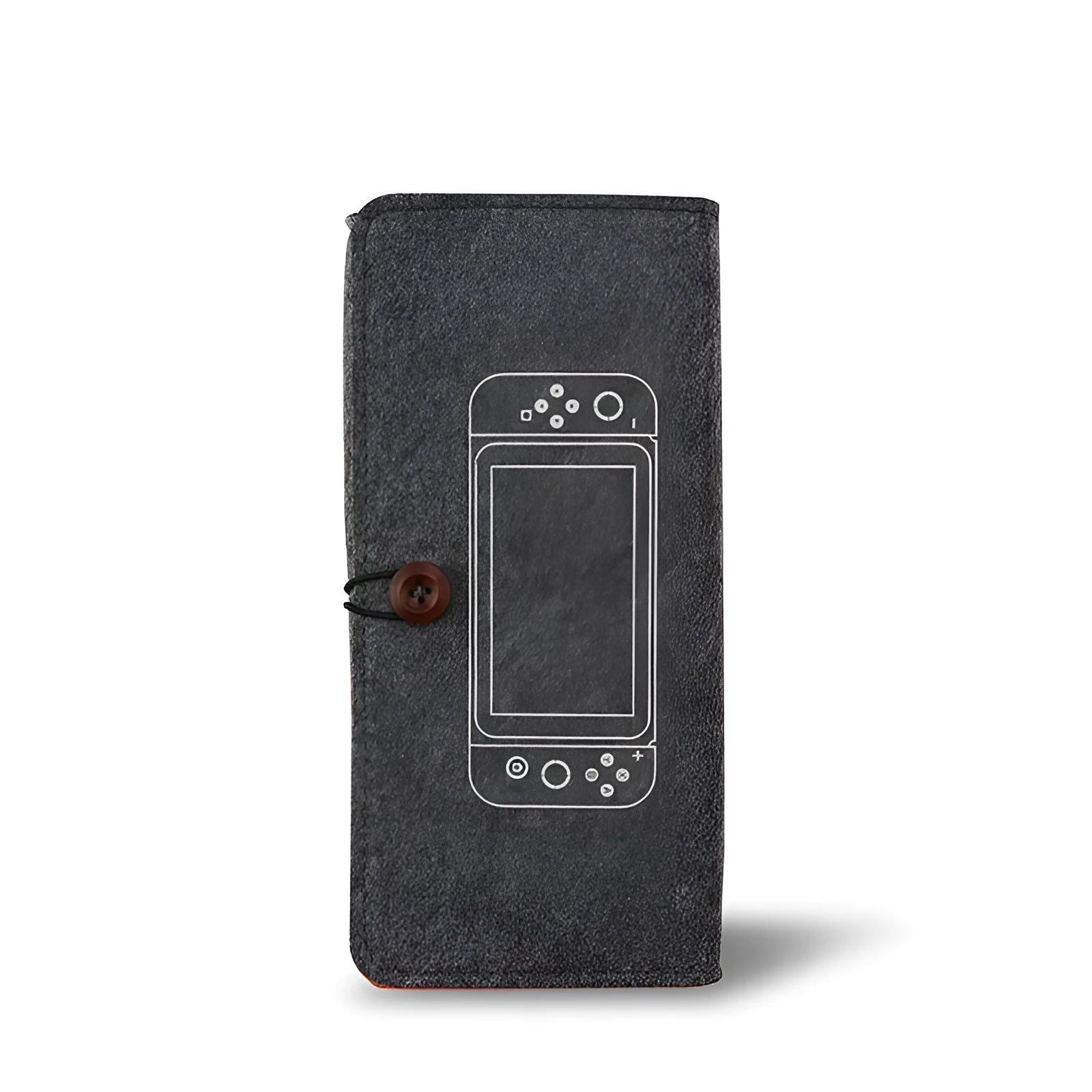 Black felt Nintendo Switch pouch case open to show console compartment and game card slots
