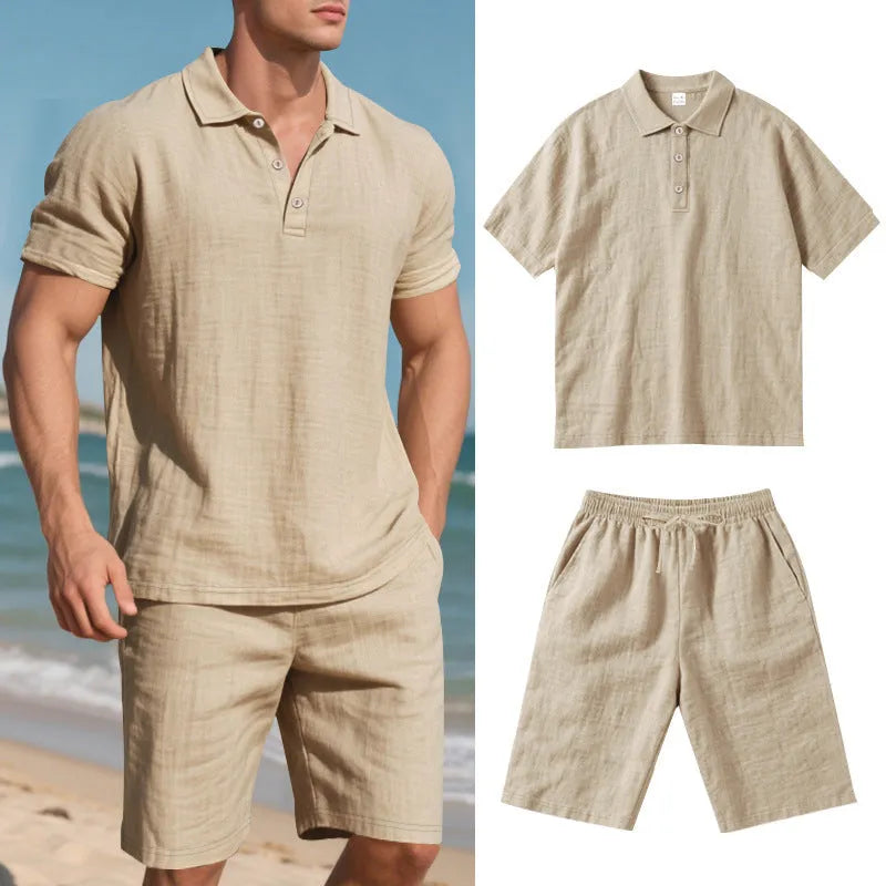 Men's light beige linen blend short sleeve top and shorts set on a hanger, summer casual outfit.