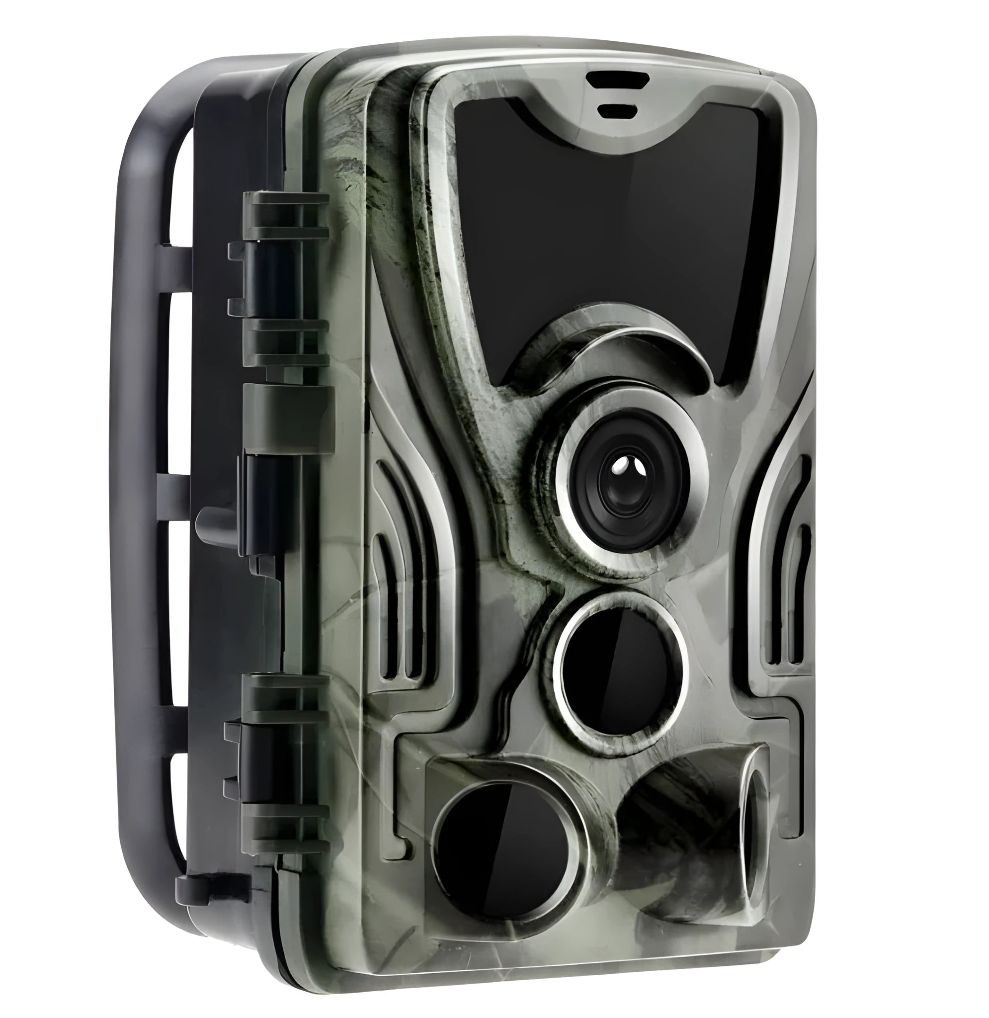 Green cellular trail camera with display screen and infrared LEDs for night vision