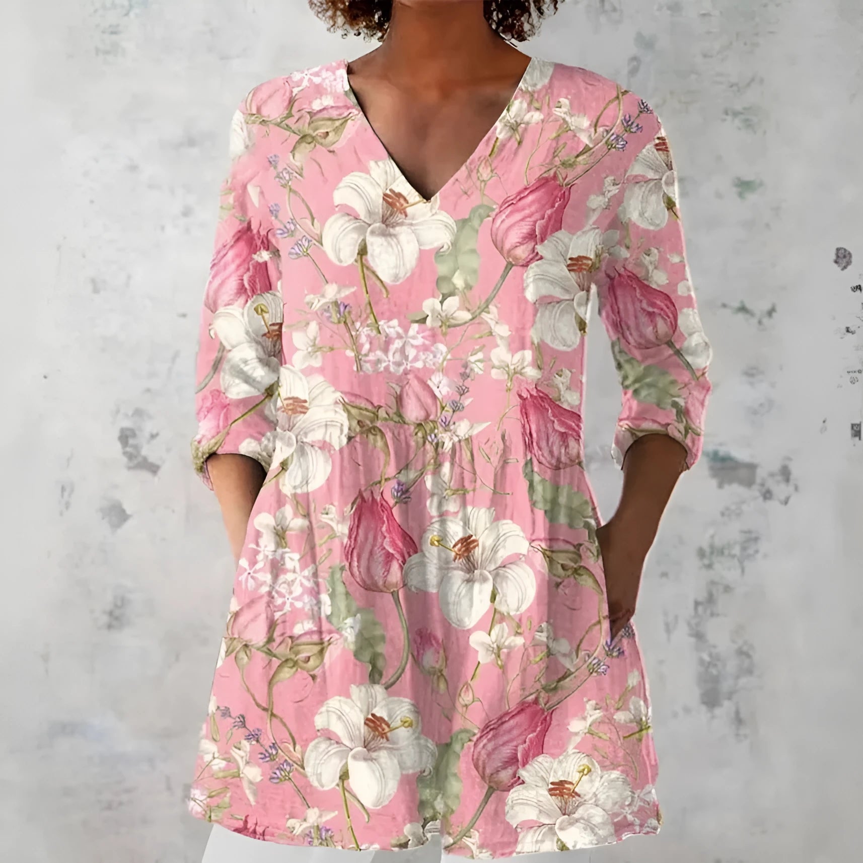 Women's retro-style slim fit long-sleeved top with a digital print pattern, shown on a hanger.