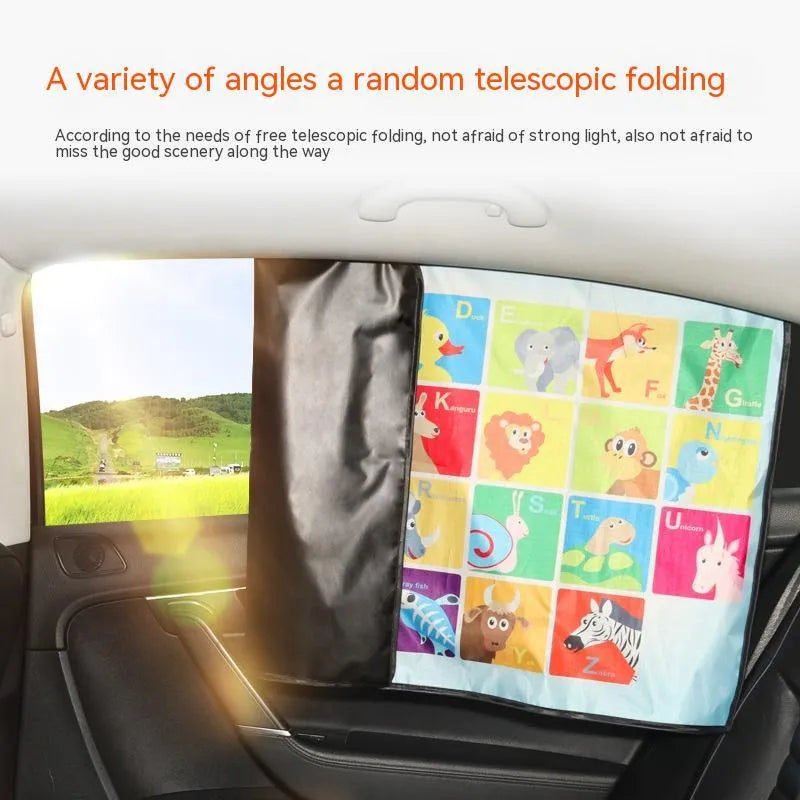 Automatic retractable car sunshade with magnetic mount showing cartoon anime pattern design