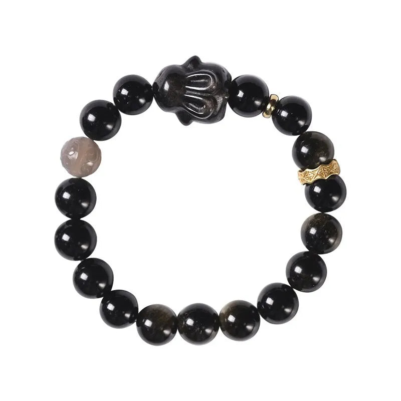 Handmade lying rabbit obsidian bracelet in Chinese national style with 8mm and 10mm width options