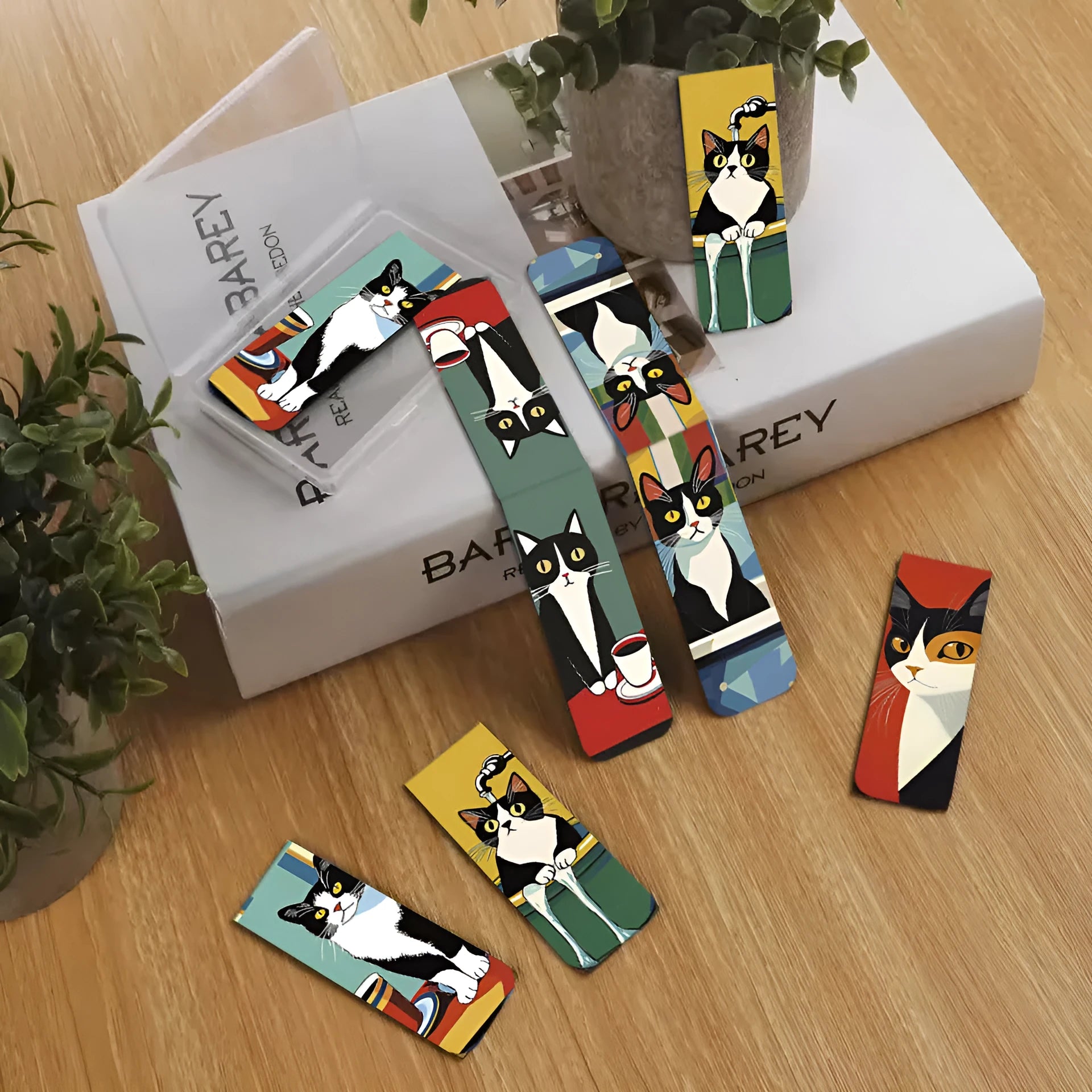 Set of 5 magnetic bookmarks with simple cute cat designs on a book page
