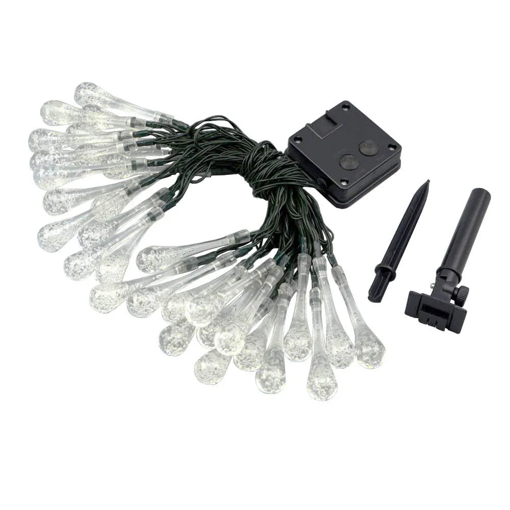 Solar-powered LED string lights with bubble drop pendants on 6.5 metre cable for outdoor garden decoration