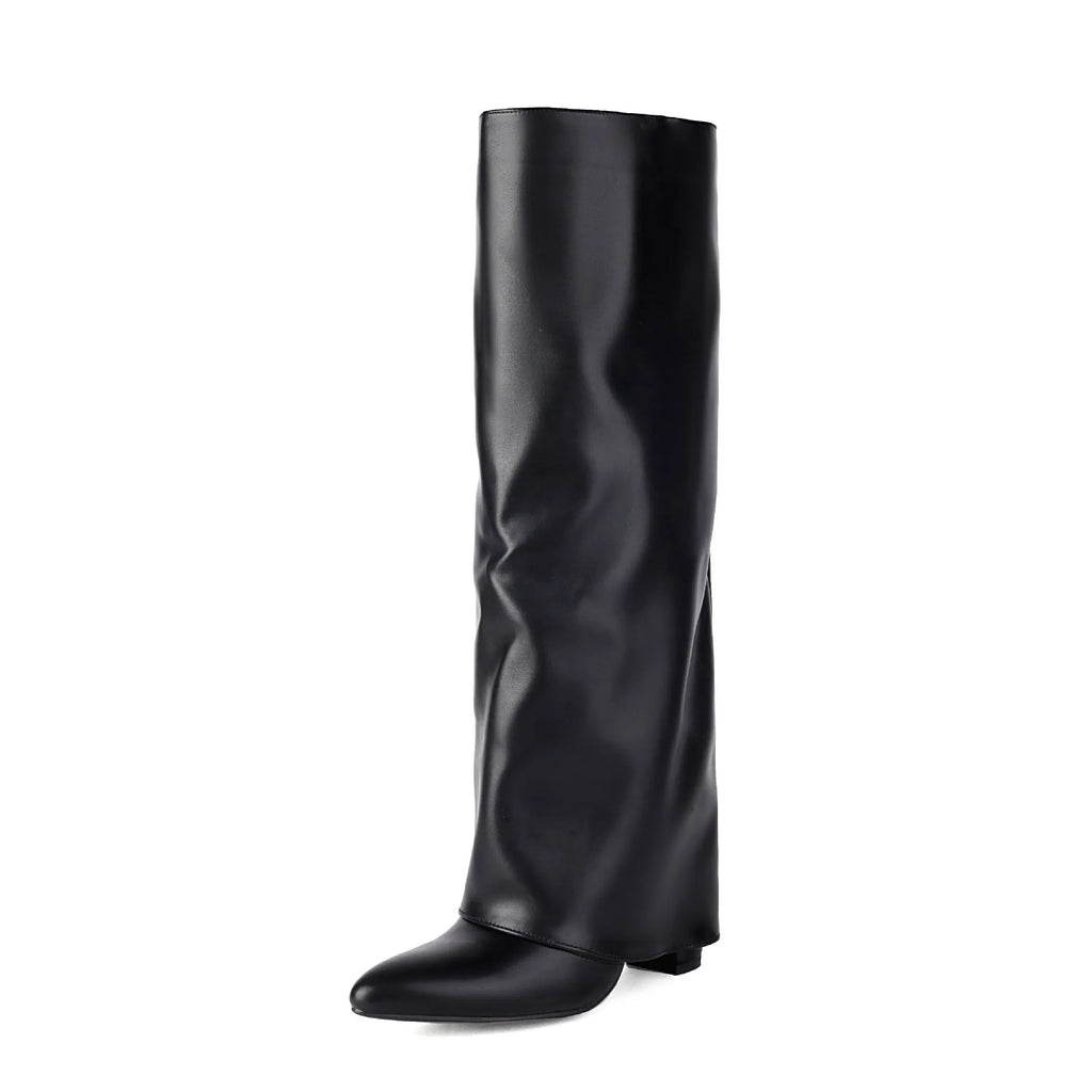 Women's plus size thick high heel ankle boots in black, white, or pink artificial PU with sewing line details.