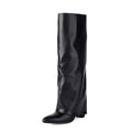 Women's plus size thick high heel ankle boots in black, white, or pink artificial PU with sewing line details.