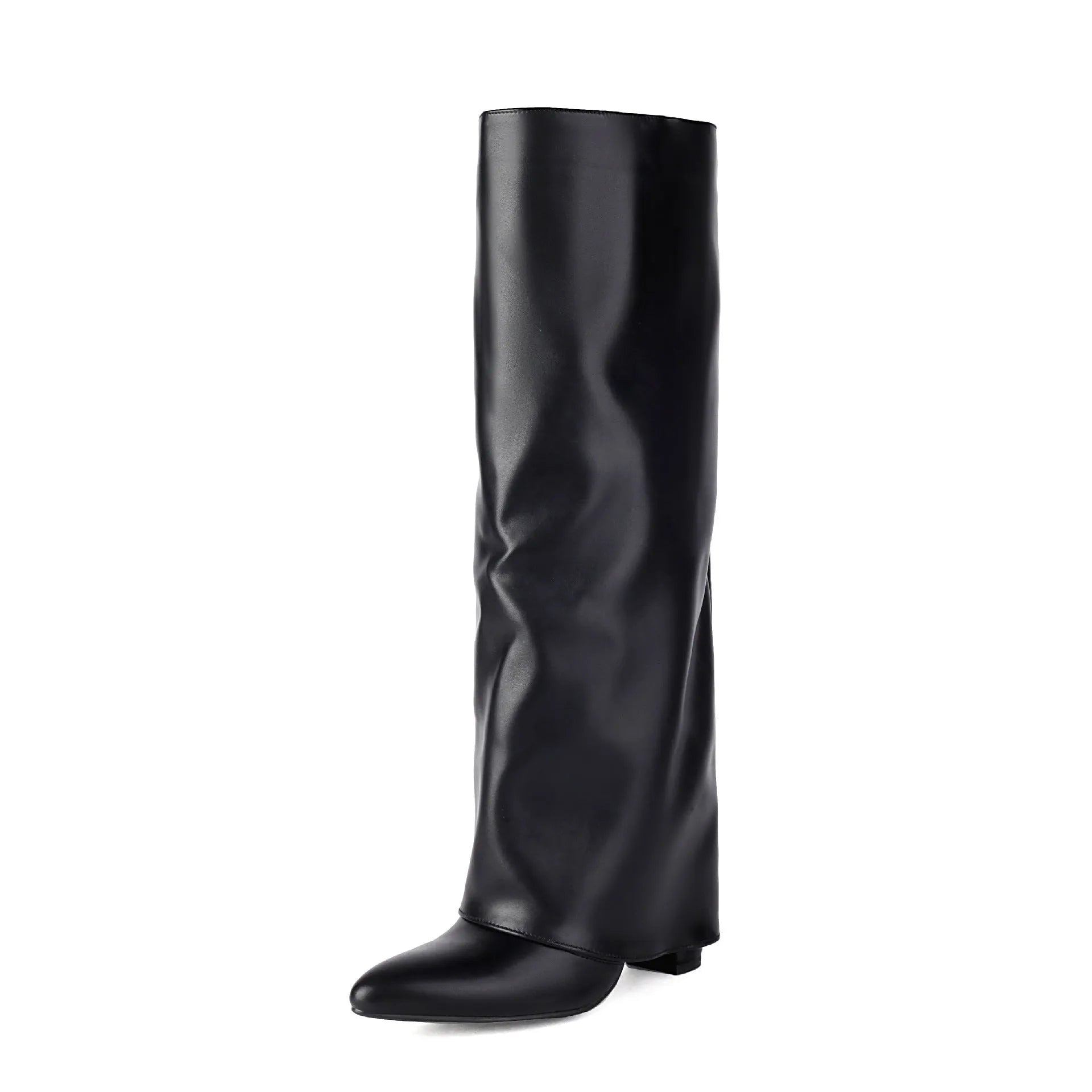 Women's plus size thick high heel ankle boots in black, white, or pink artificial PU with sewing line details.