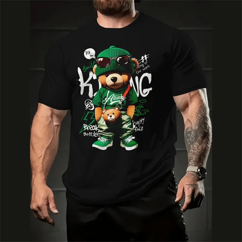 Men's loose fit cartoon printed short sleeve T-shirt in milk silk linen fabric for summer