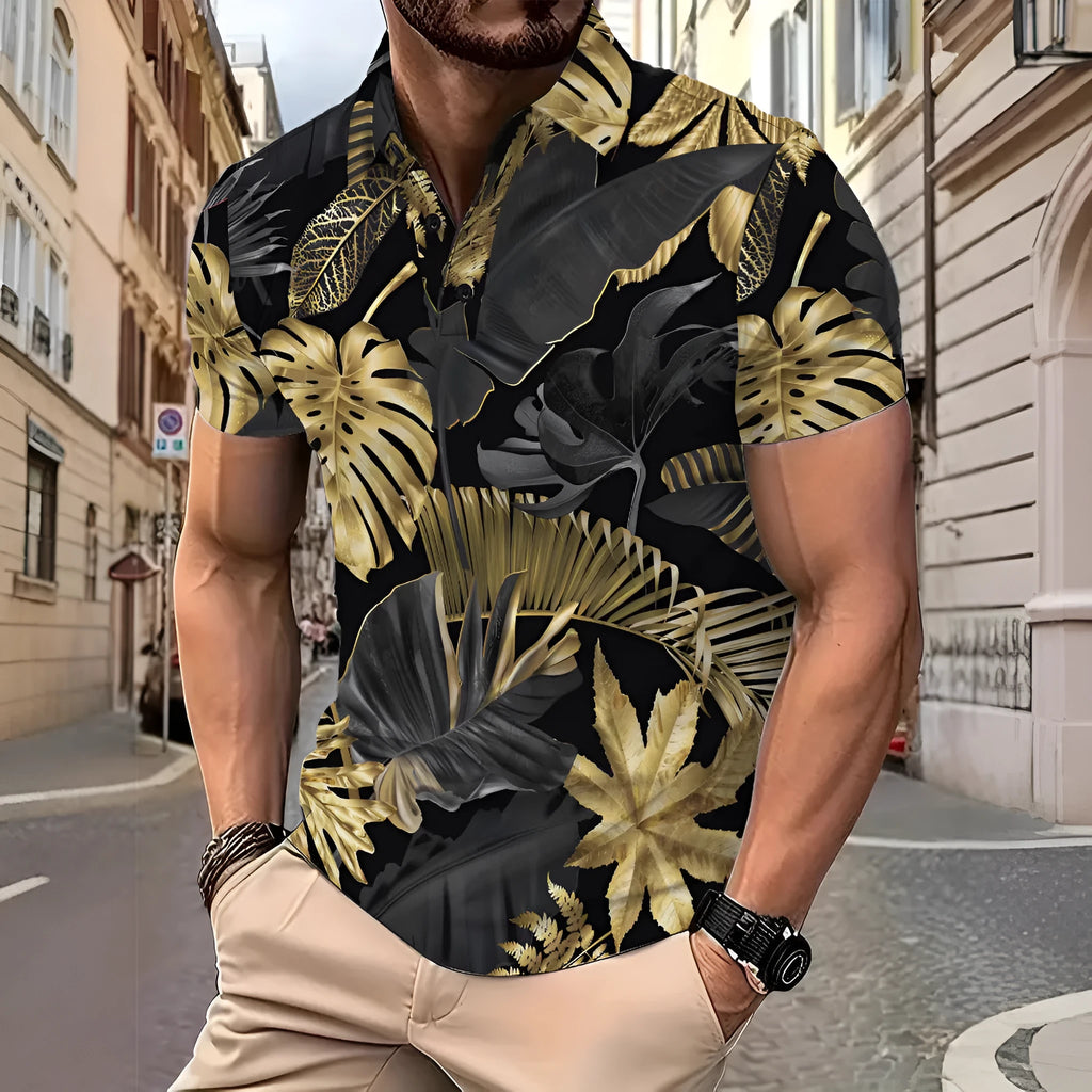 Gold tropical plant pattern printed on men's short sleeve polyester summer shirt