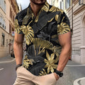 Gold tropical plant pattern printed on men's short sleeve polyester summer shirt