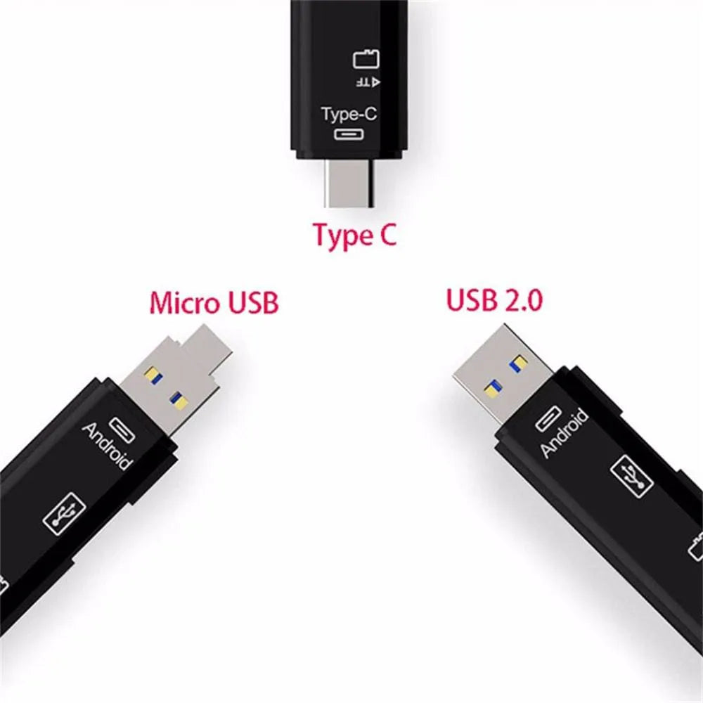 USB OTG hub adapter with Type-C, Micro USB ports and TF card reader in black