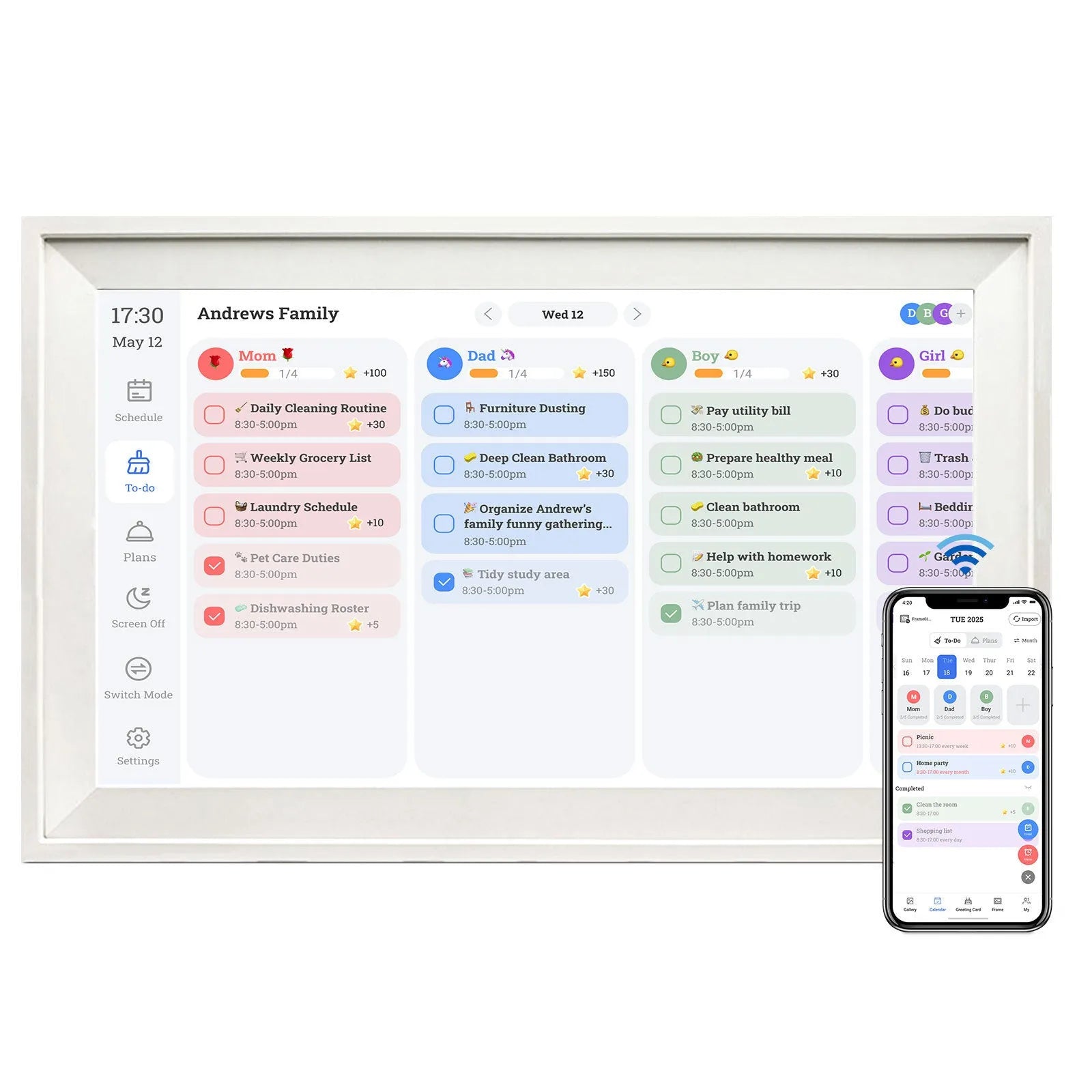 White 15.6 inch smart digital photo frame with app connectivity on tabletop