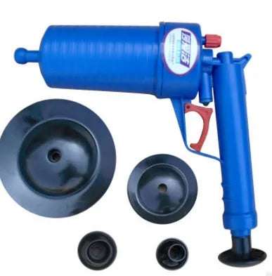 Plastic high-pressure drain blaster gun with four different sized suction cup adaptors for clearing blockages.