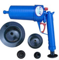 Plastic high-pressure drain blaster gun with four different sized suction cup adaptors for clearing blockages.