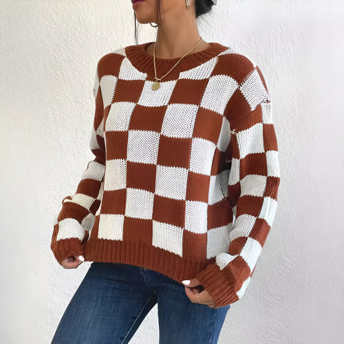 Dark brown plaid pattern acrylic pullover sweater with long sleeves and a round neck