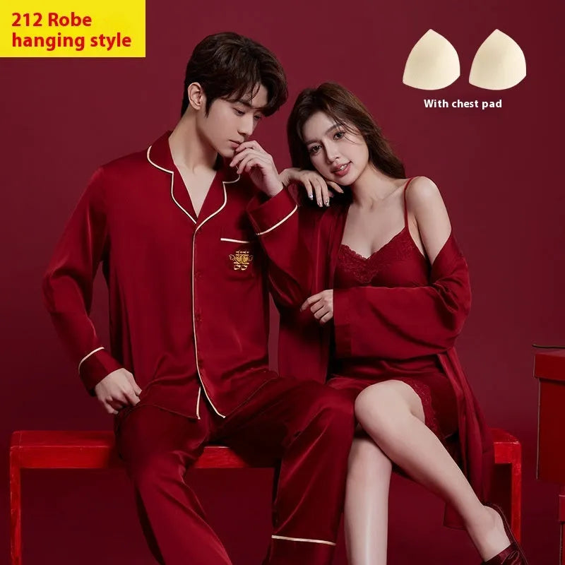 Matching red men's and women's pyjama set with long sleeves and trousers, wedding dowry sleepwear