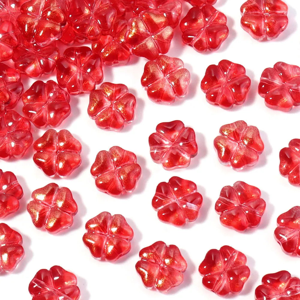 50 glass four-leaf clover beads in assorted colours with coloured glaze finish and 10mm straight hole design.