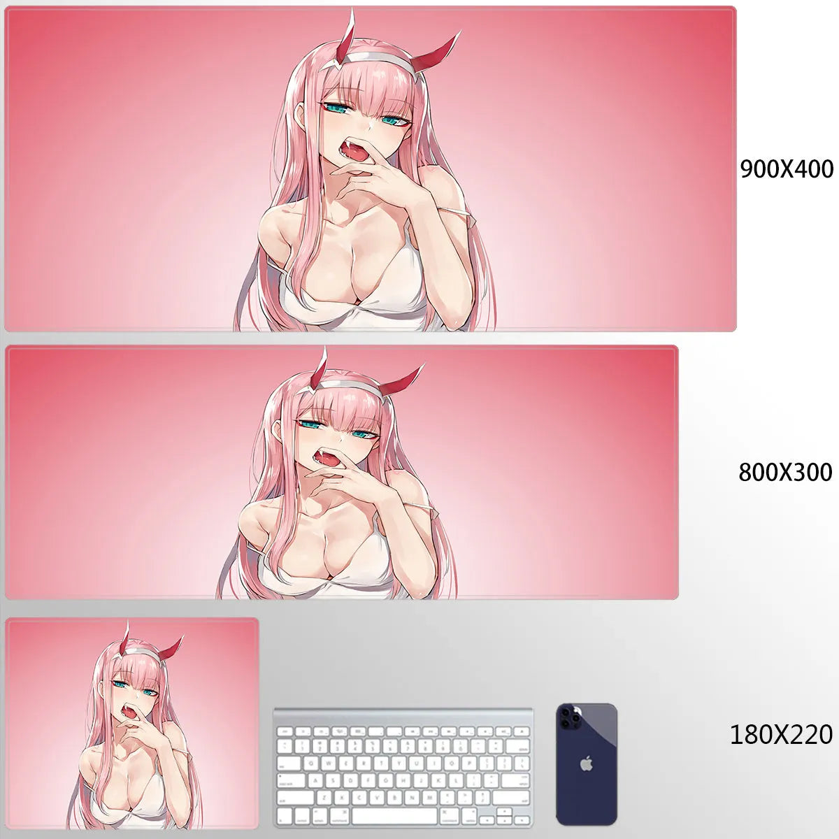 Pink cloth keyboard mat with Darling in the Franxx anime print on a desk