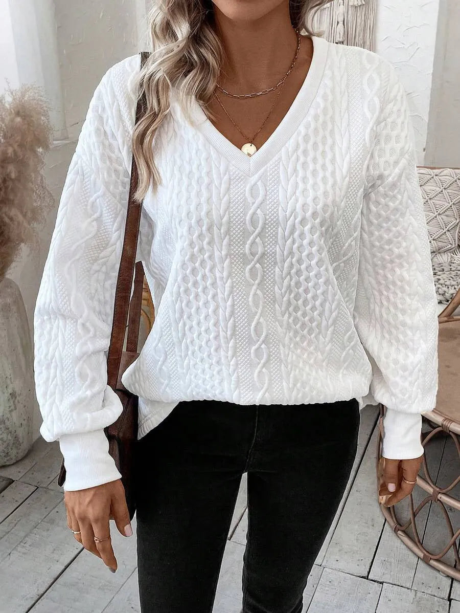 Milky white loose fit long sleeve T-shirt with 3D pattern detail in Japanese Korean casual style